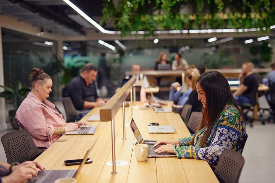A shared working bench with colleagues at their laptops
