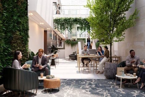 A planted atrium lounge used for informal meetings